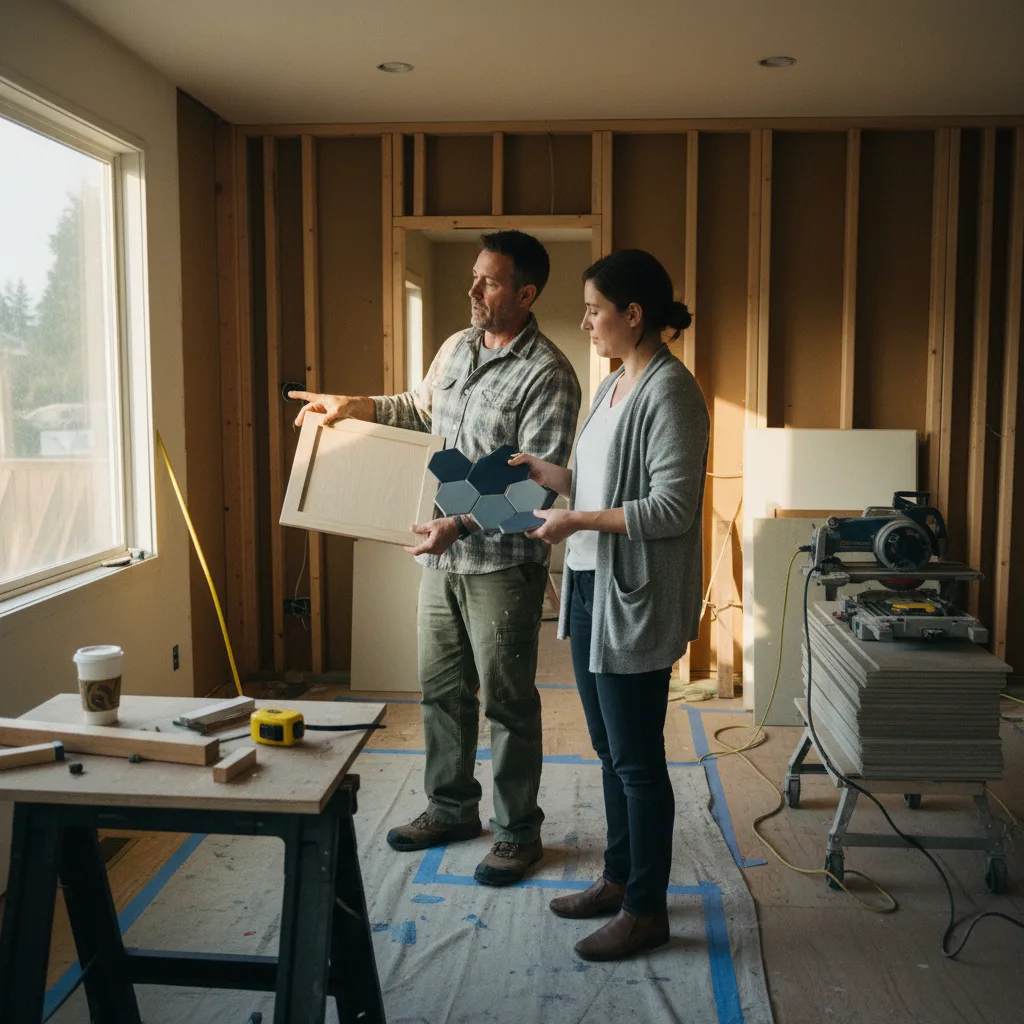 A Portland homeowner and their contractor review countertop samples in a kitchen undergoing renovation.
