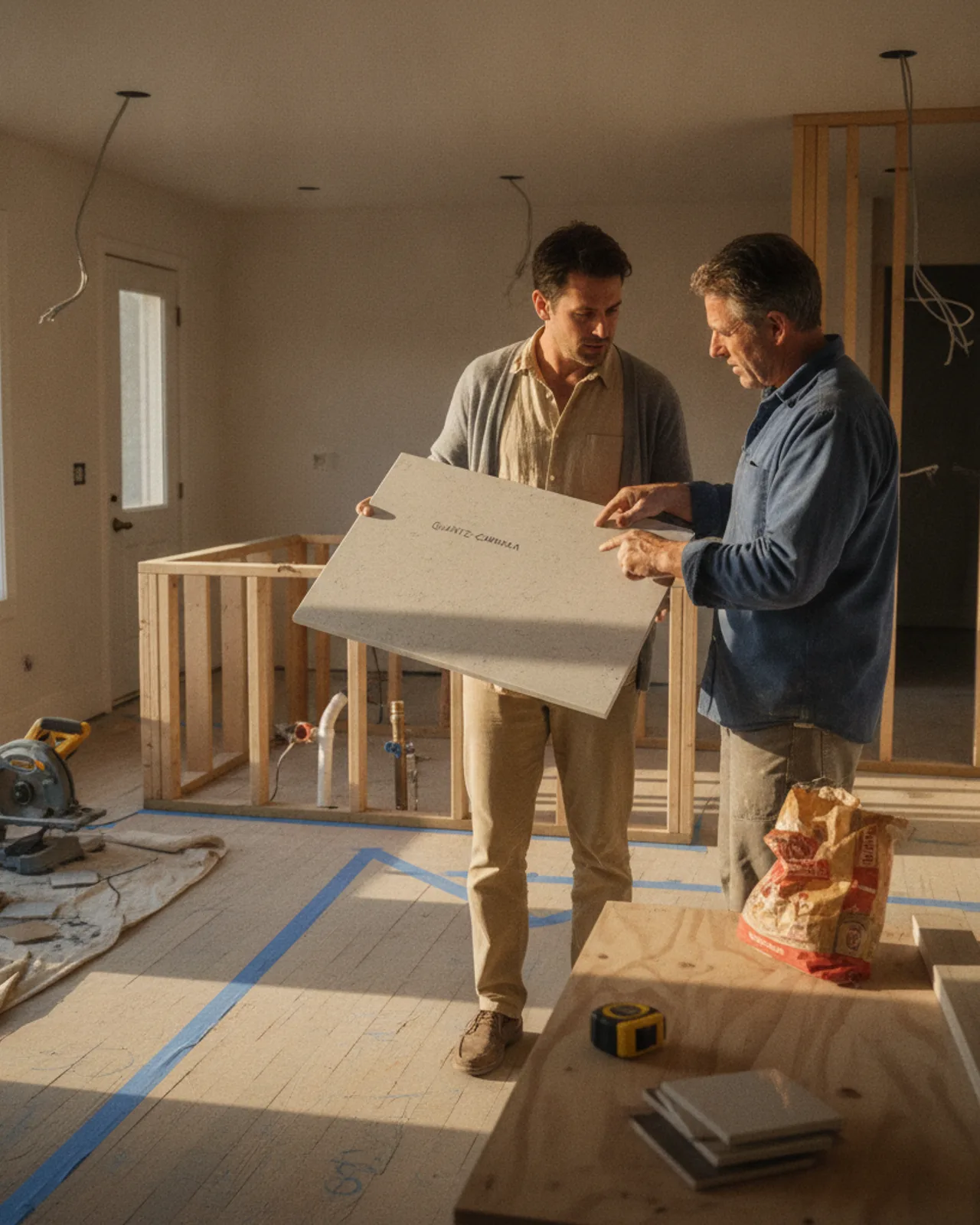 A homeowner and their general contractor review cabinet finish samples in a kitchen undergoing renovation.