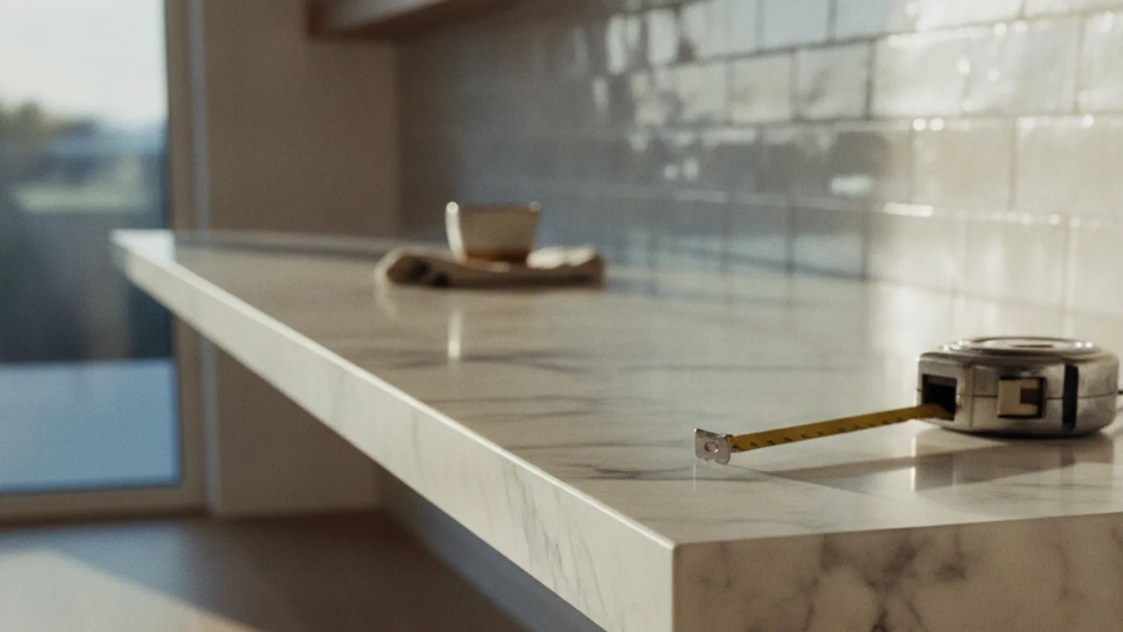 A newly remodeled kitchen with white shaker cabinets, a marble island, and stainless steel appliances, viewed from the living area.