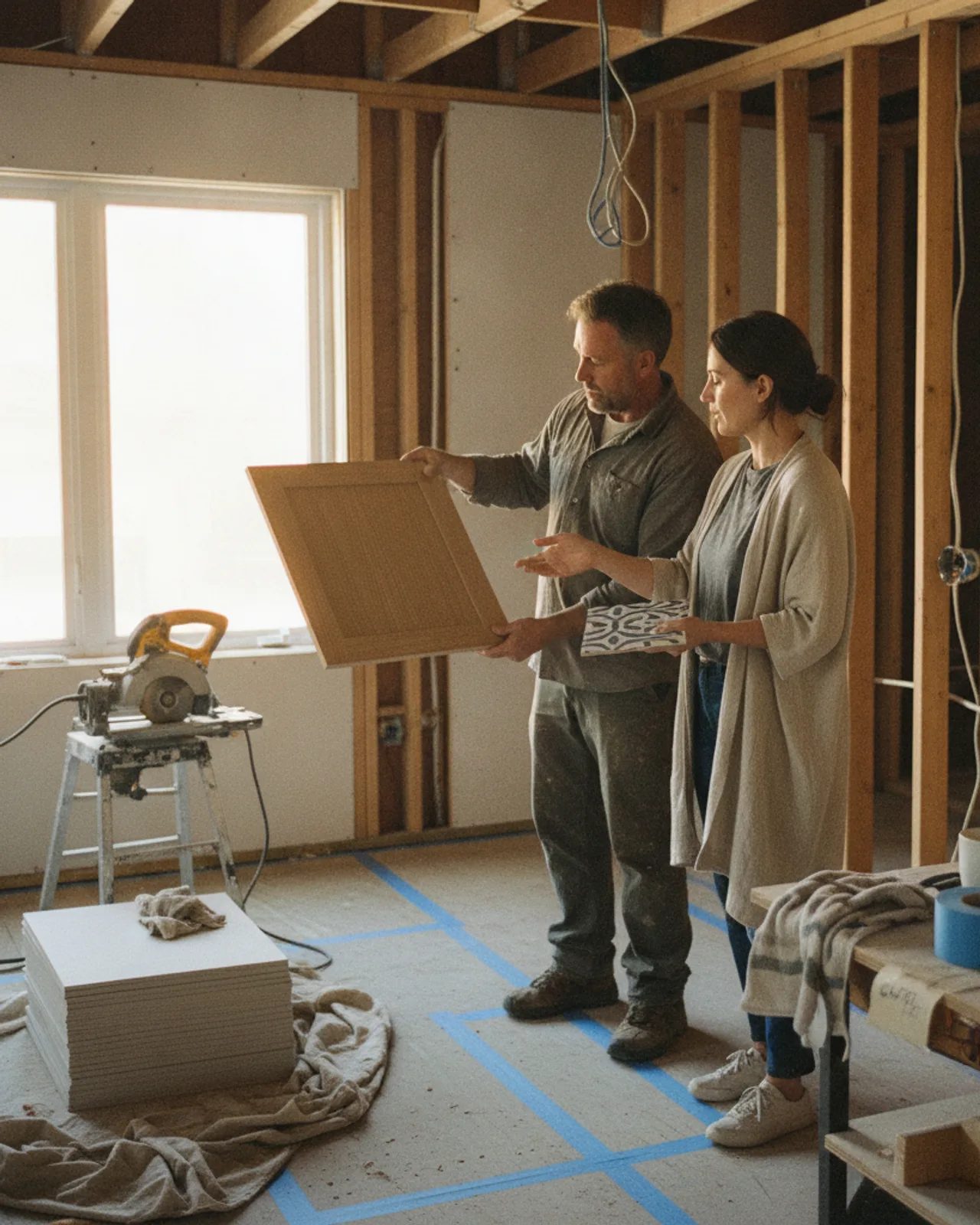 A homeowner and their contractor reviewing countertop samples in a kitchen during its renovation phase.