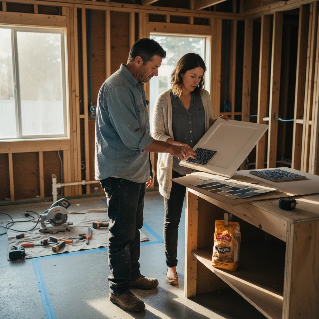 A Bellevue homeowner and her interior designer review samples of honed quartzite and rift-cut white oak in a sunlit kitchen.