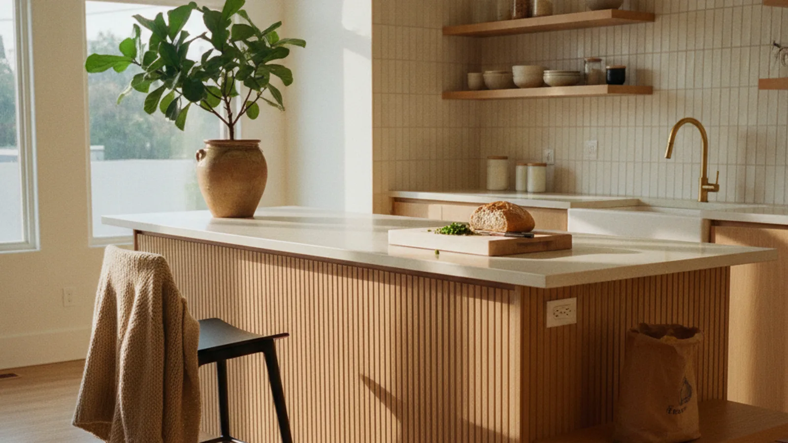 A bright, modern kitchen in a Los Angeles home featuring a large marble island, white cabinets, and stainless steel appliances, with natural light from large windows.