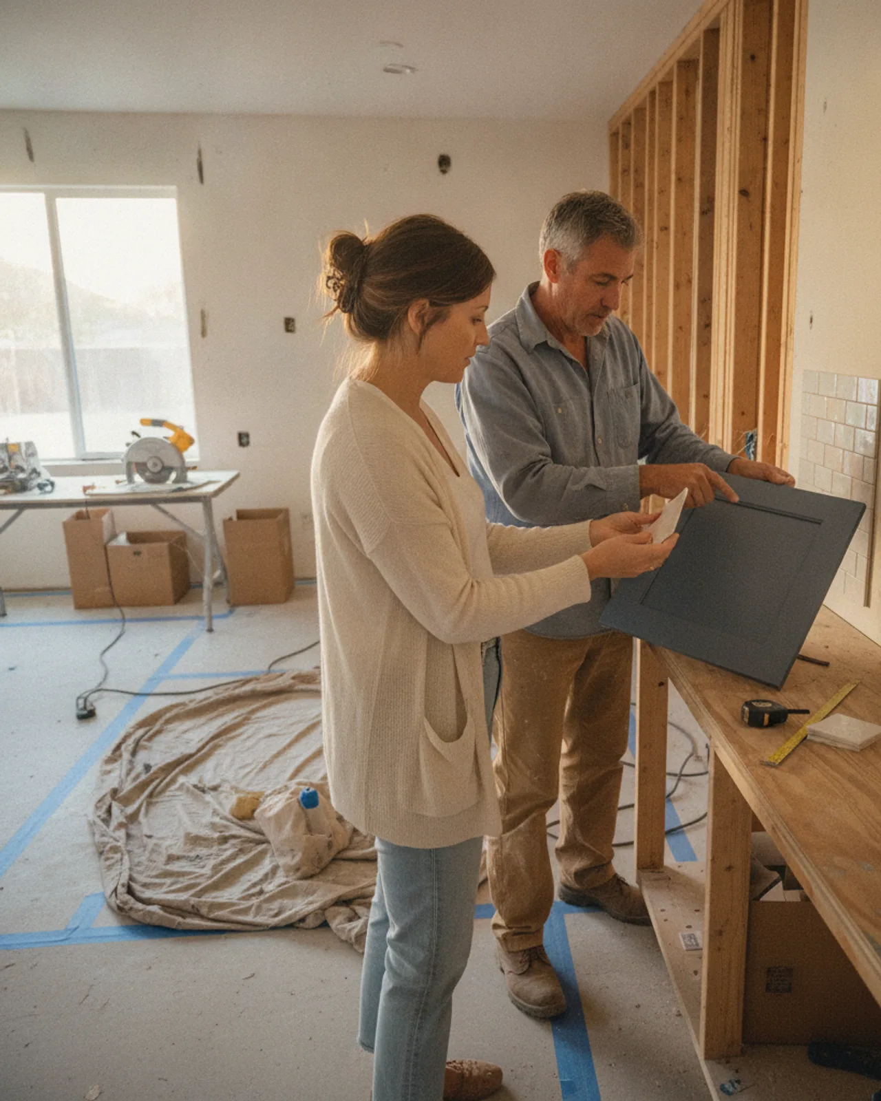 A Los Angeles homeowner and their kitchen contractor review cabinet door samples in a sunlit kitchen.