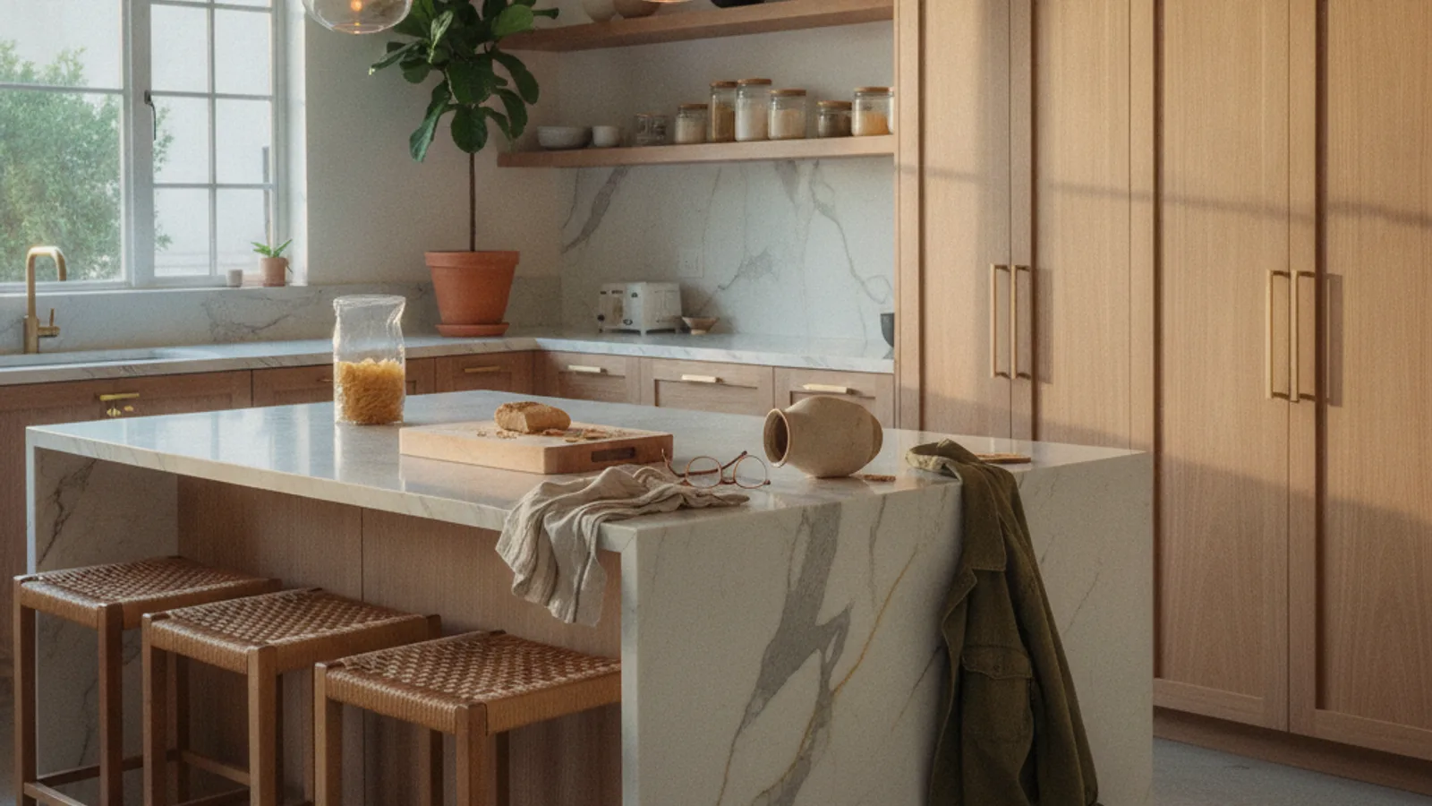 A bright, modern kitchen in a Los Angeles home with white cabinets, a marble island, and large windows showing lush greenery outside.