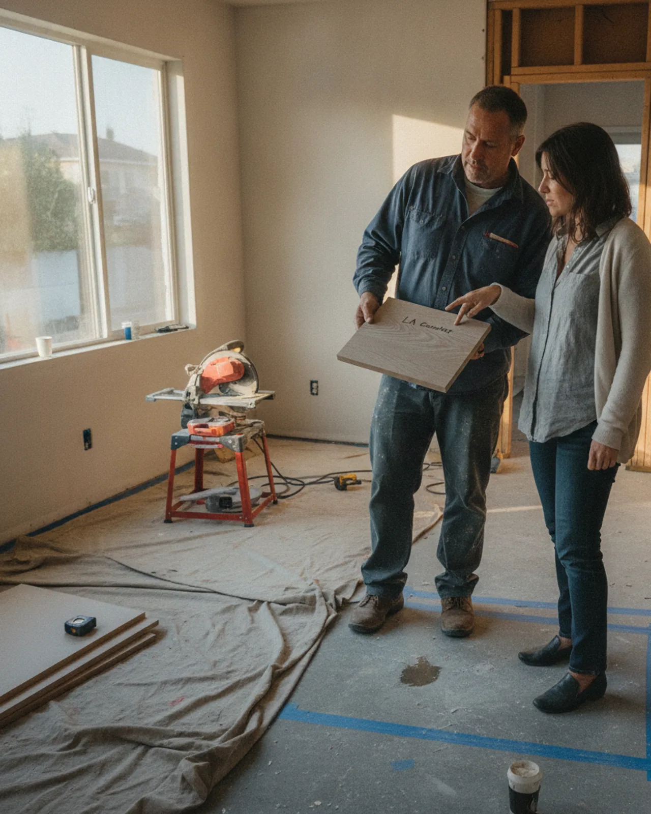 A homeowner and their contractor review countertop samples in a partially demolished Los Angeles kitchen, with exposed framing in the background.