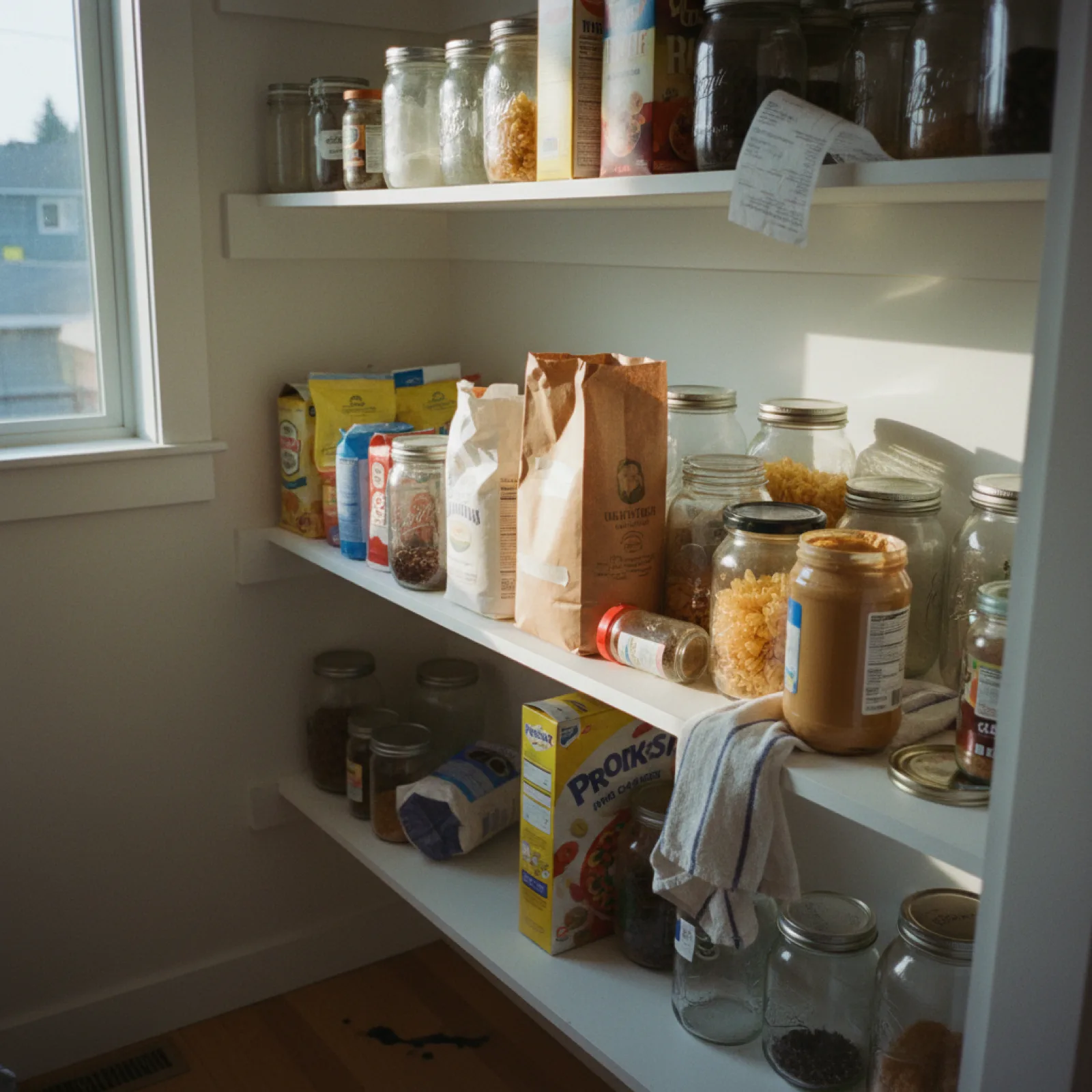 A newly finished walk-in pantry in a 2026 Seattle kitchen with rift-cut white oak shelving, integrated lighting, and a small rolling library ladder