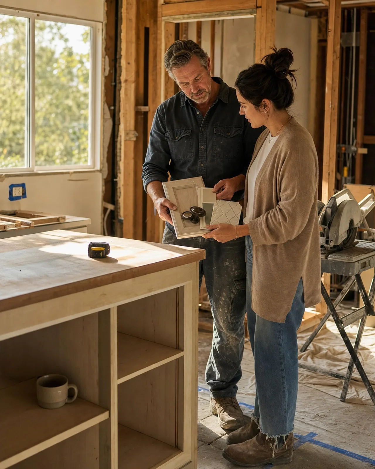 A San Diego homeowner and her kitchen contractor review cabinet finish samples in a partially constructed kitchen.