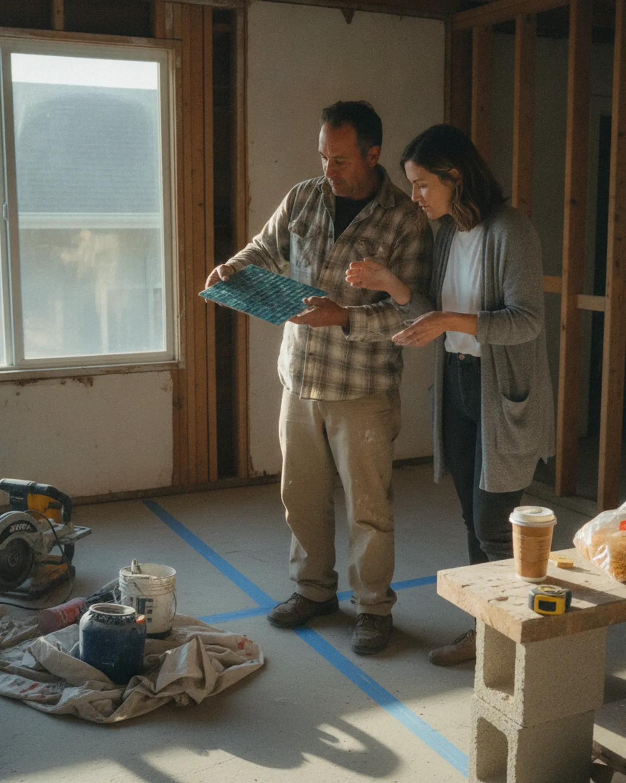 A homeowner and their pool contractor review tile samples for a pool waterline in a San Francisco backyard.