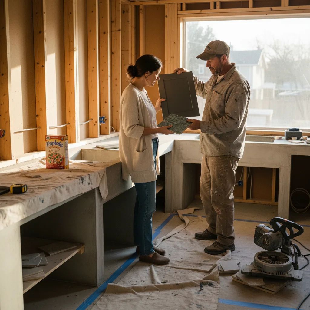 A Denver homeowner and their contractor review material samples for an outdoor kitchen countertop on a sunny day.