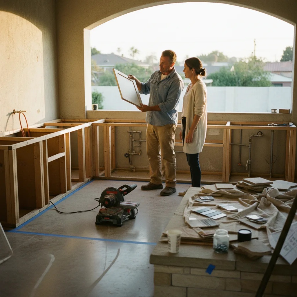 A Los Angeles homeowner and their contractor review countertop samples for an outdoor kitchen project.