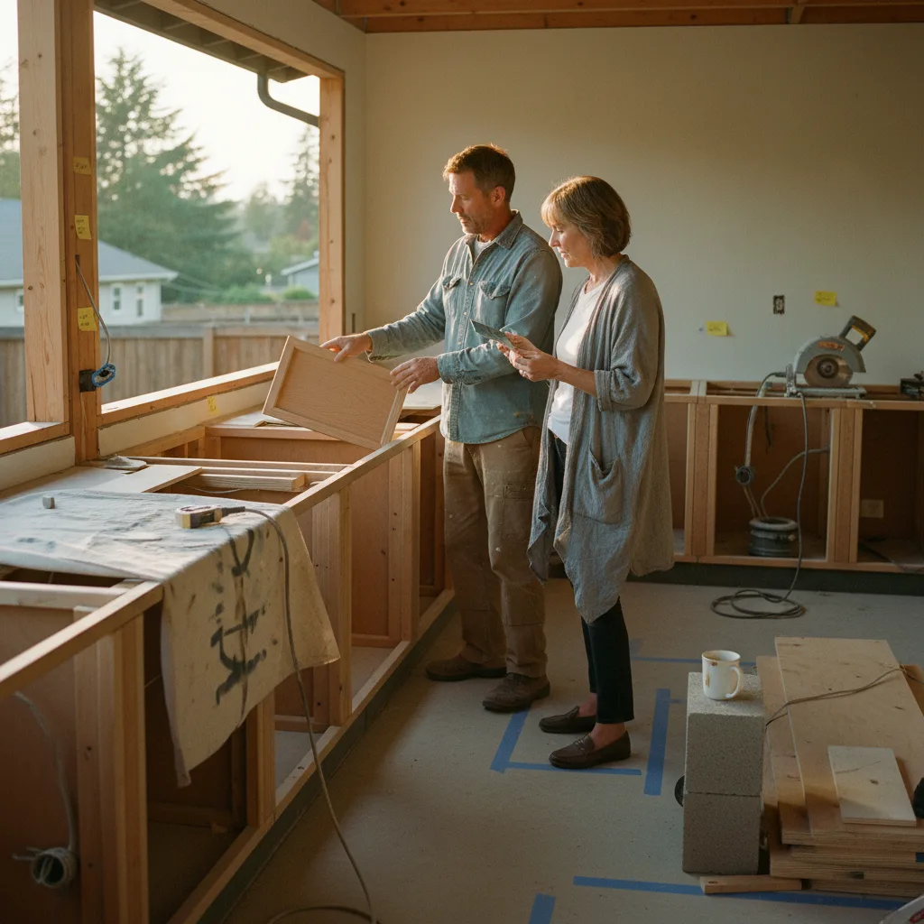 A Portland homeowner and their contractor reviewing countertop samples for an outdoor kitchen project.