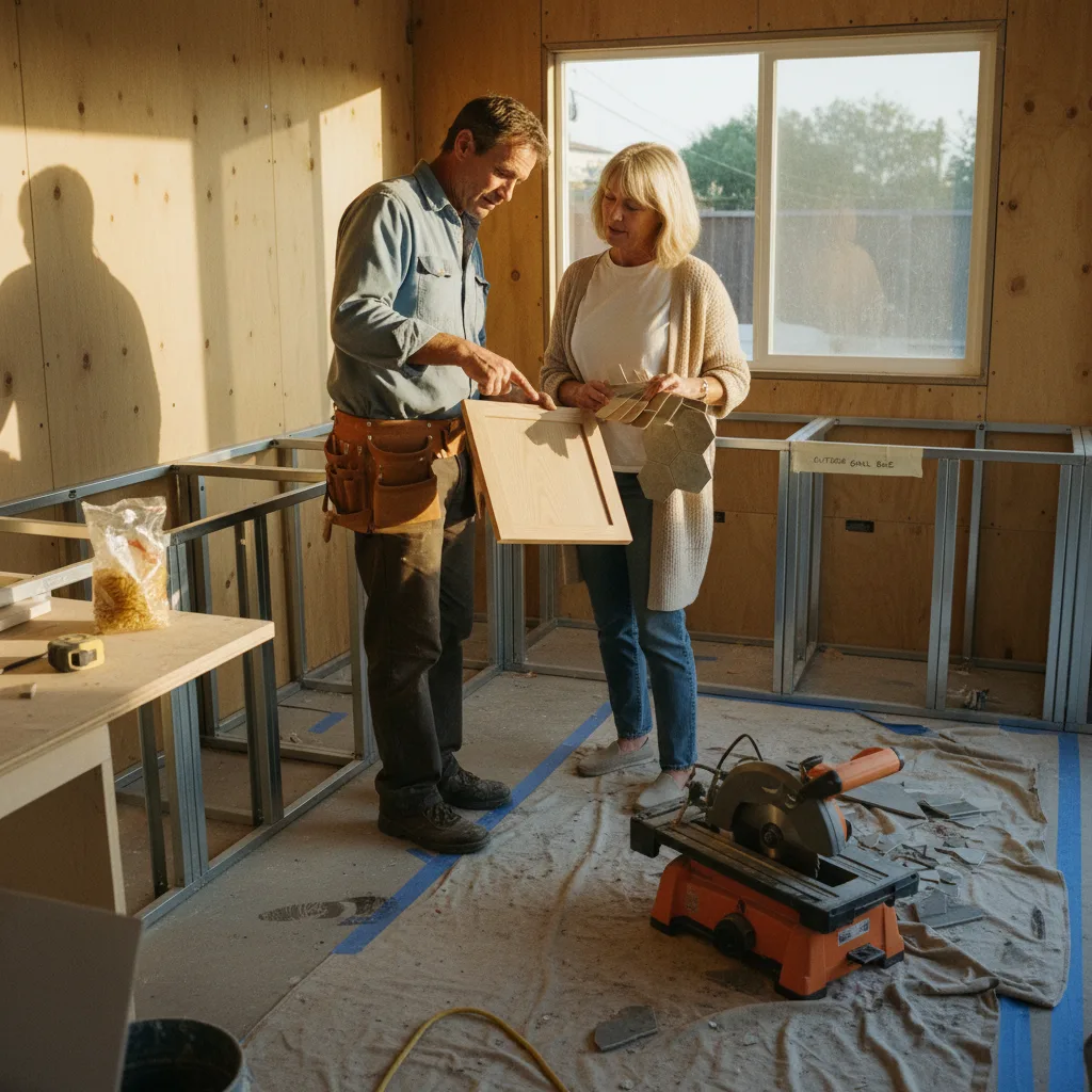 A San Diego homeowner and their contractor reviewing countertop material samples for an outdoor kitchen project.