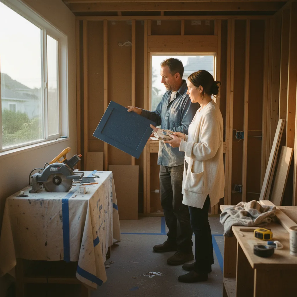 A homeowner and their contractor review countertop samples for an outdoor kitchen in a San Francisco backyard.
