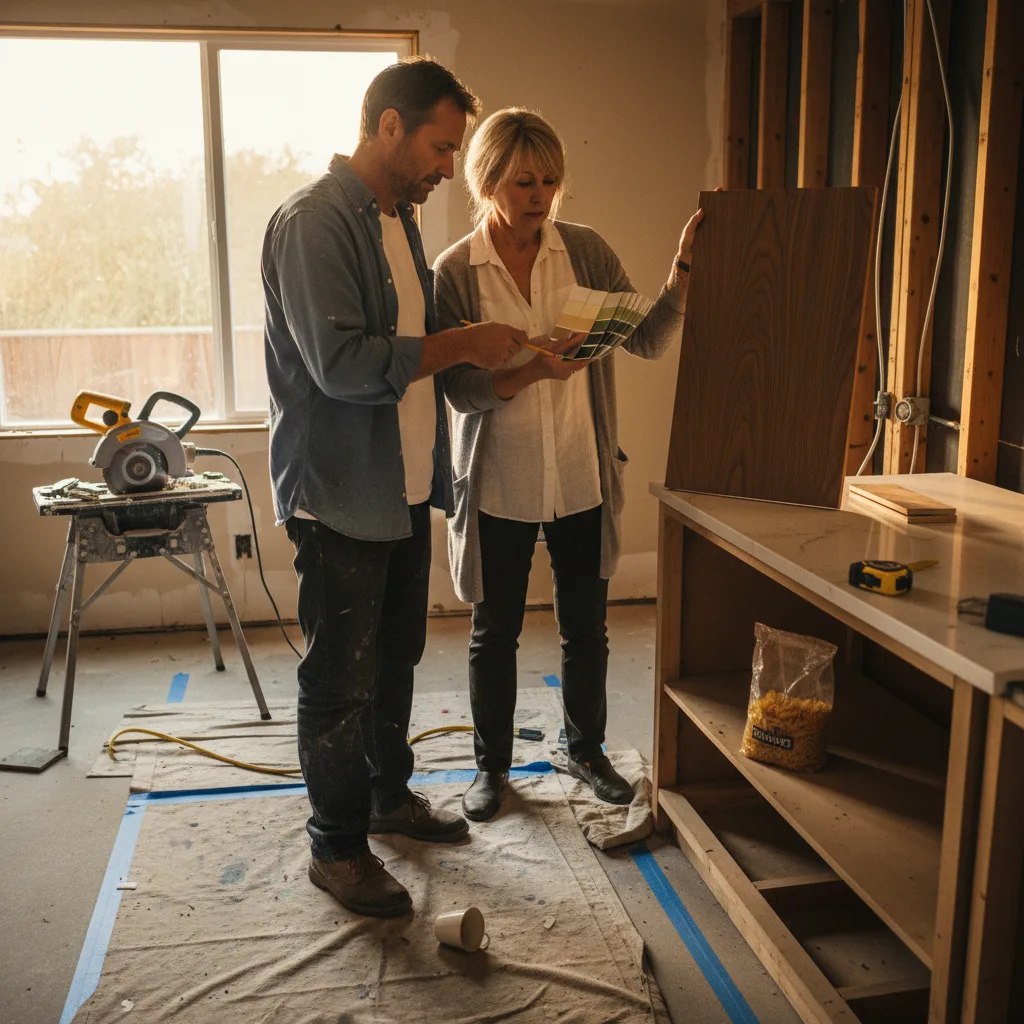 A Seattle homeowner and their contractor review material samples for an outdoor kitchen countertop.