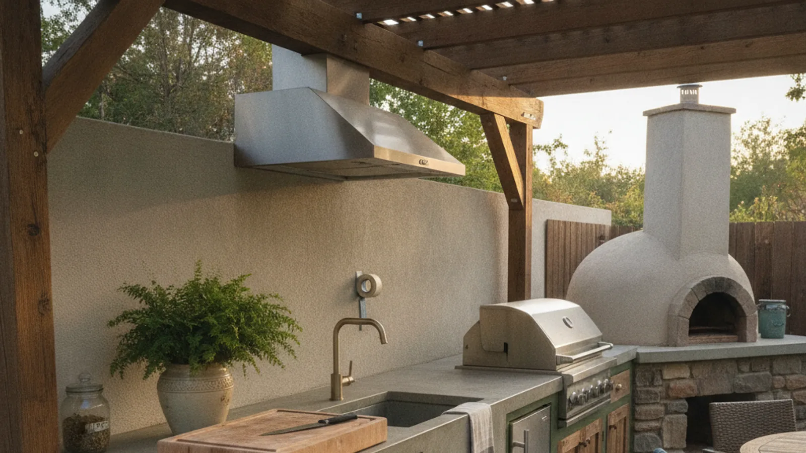 A modern outdoor kitchen in a Sacramento backyard at dusk, featuring a built-in stainless steel grill, concrete countertops, and integrated lighting.