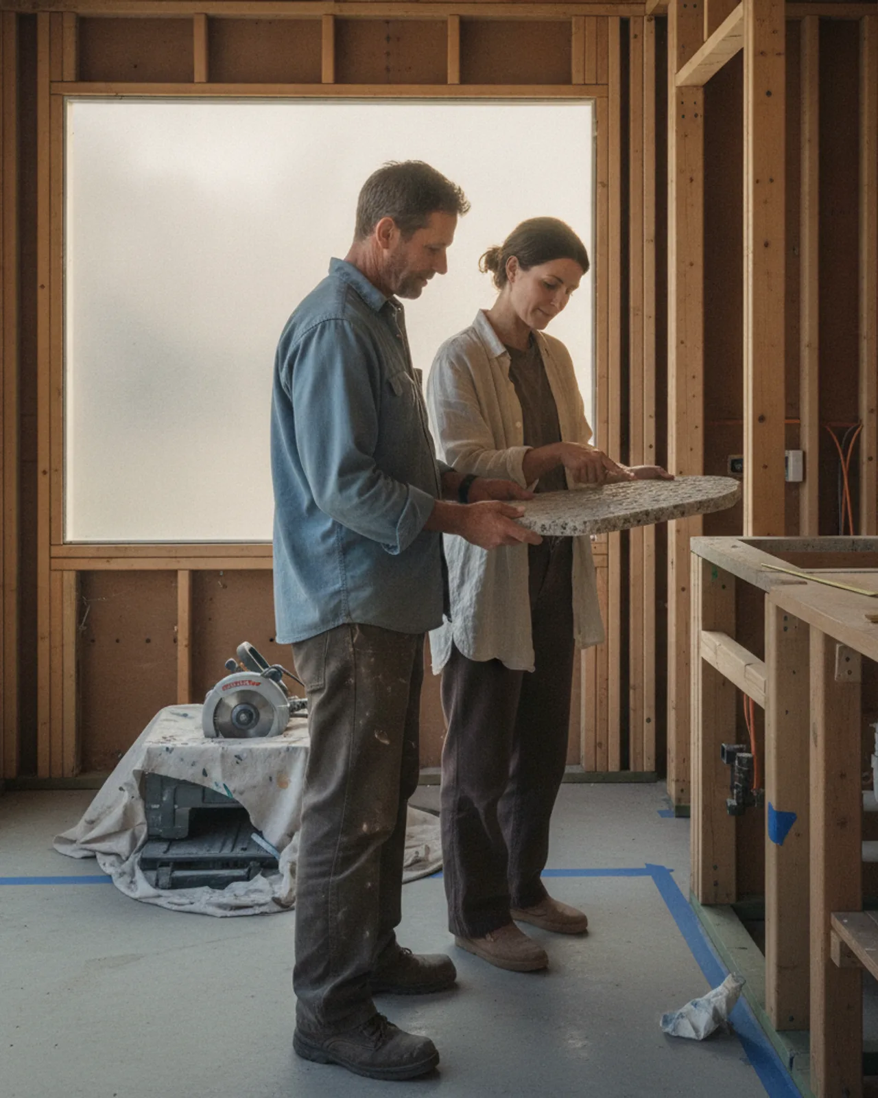 A homeowner and their contractor reviewing countertop samples for an outdoor kitchen in a Sacramento backyard.