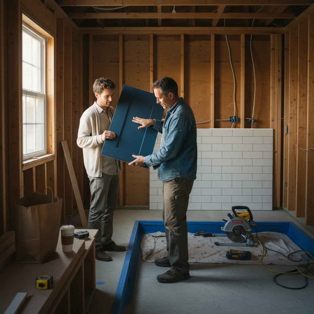A homeowner and a pool contractor review design plans on a tablet in a Denver backyard.