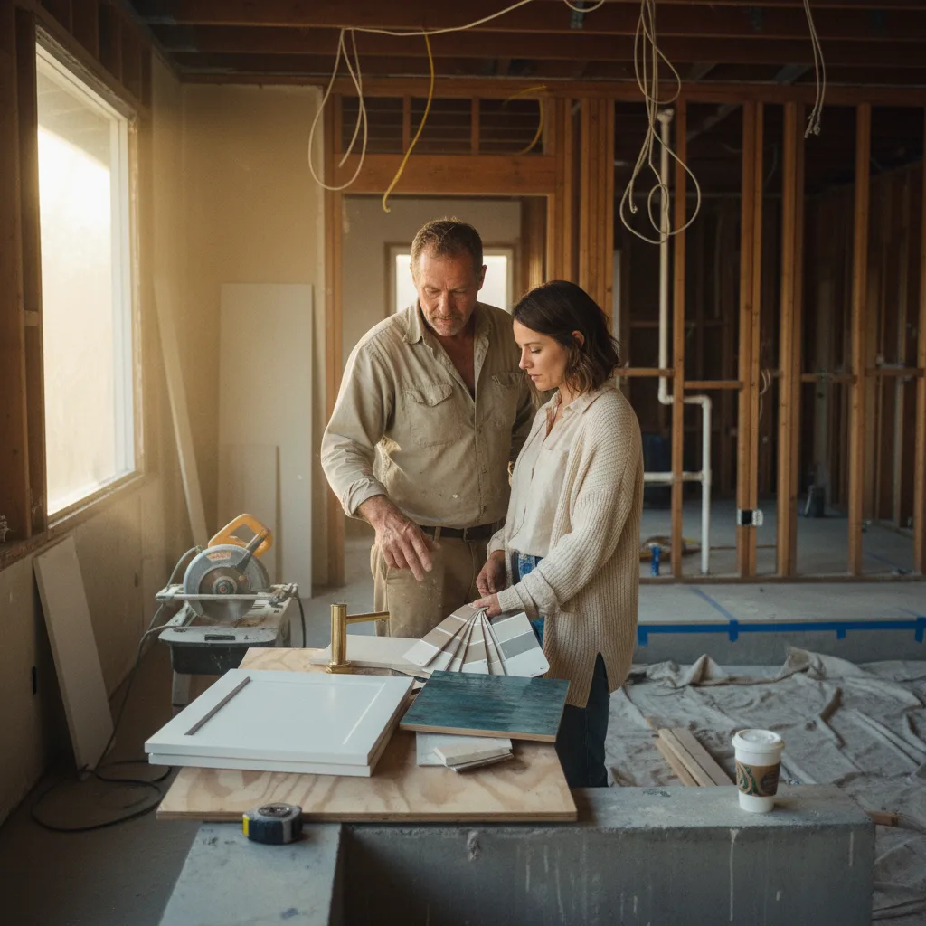 Homeowner and pool contractor reviewing tile samples by a newly plastered pool in a Los Angeles backyard.