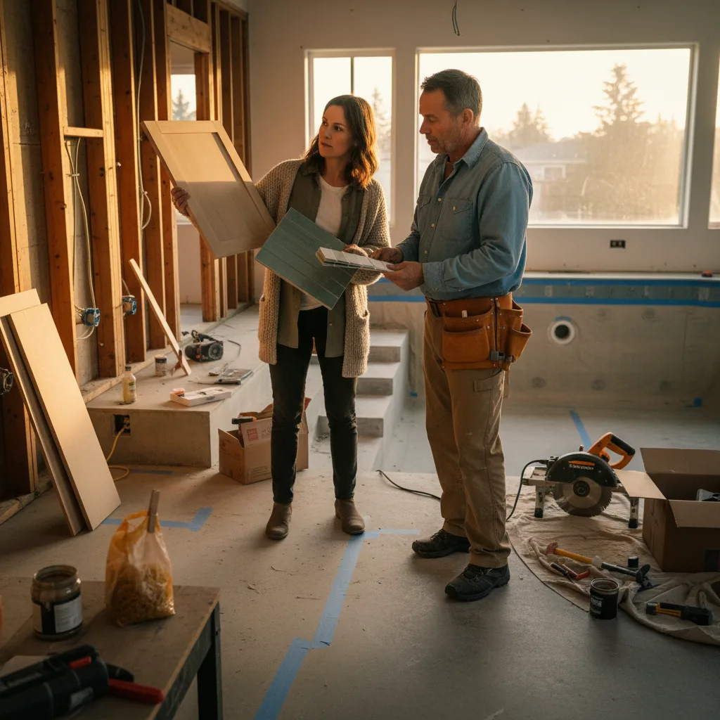 A Portland homeowner and their pool contractor reviewing decking material samples beside a newly excavated pool site.