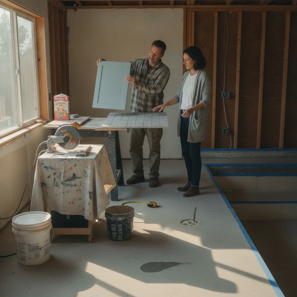 A Sacramento homeowner and their pool contractor reviewing design plans on a tablet in a backyard.