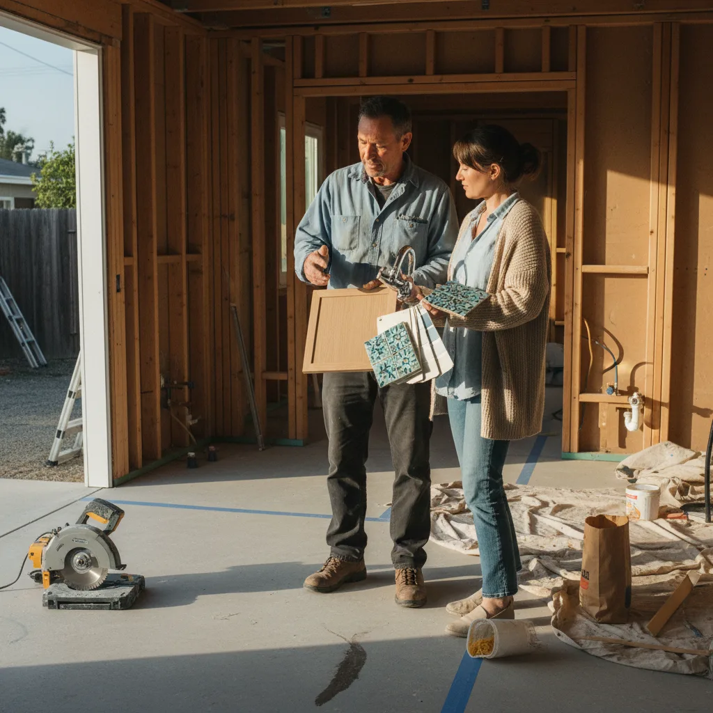 A San Diego homeowner and their pool contractor reviewing tile samples by the poolside.