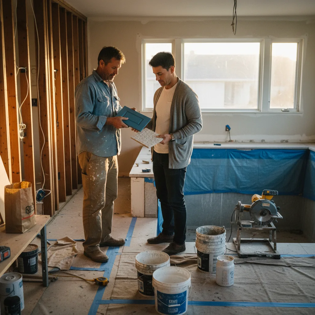 Homeowners in San Francisco discussing pool tile samples with their contractor in a backyard setting.