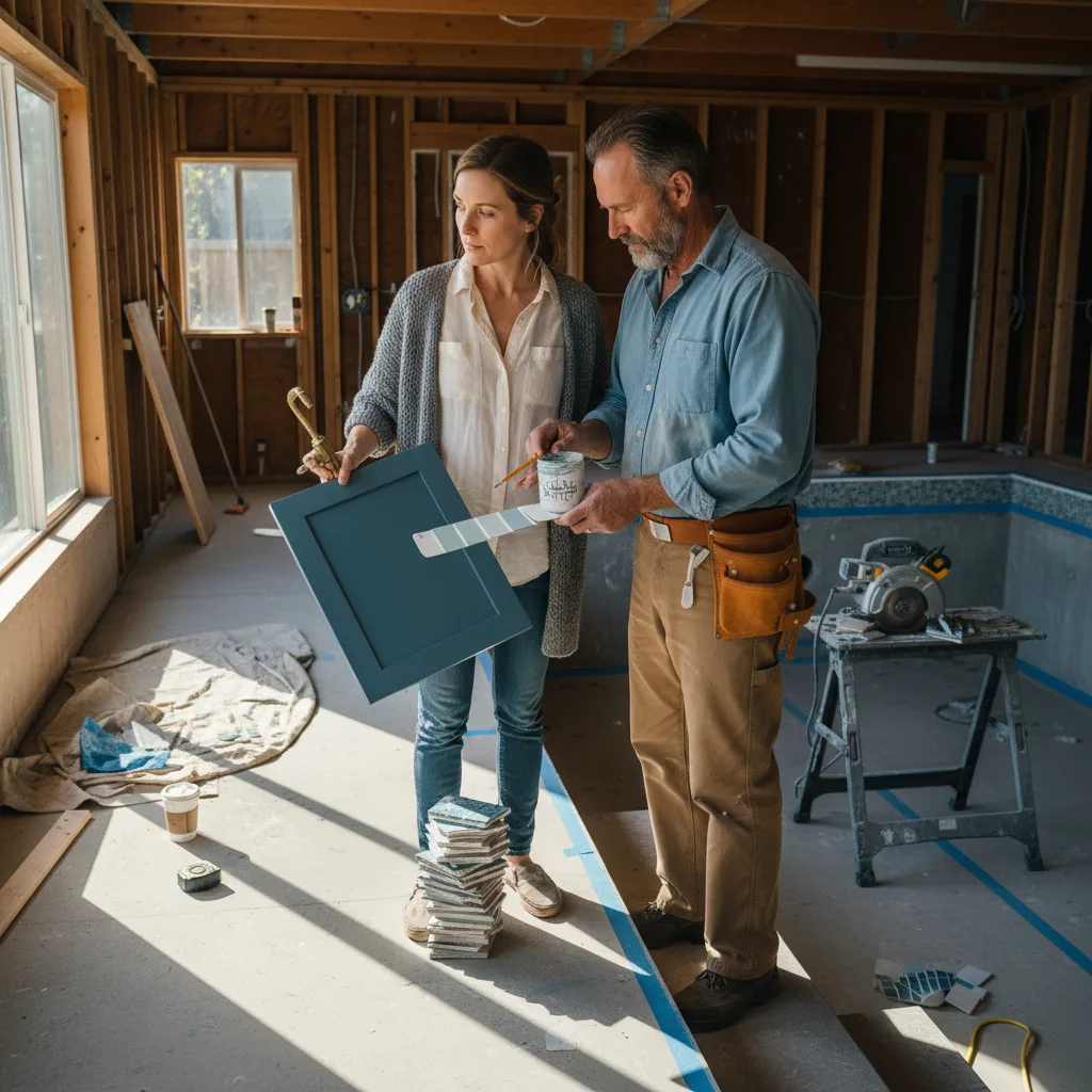 A Seattle homeowner and their pool contractor reviewing decking material samples beside the planned pool area.