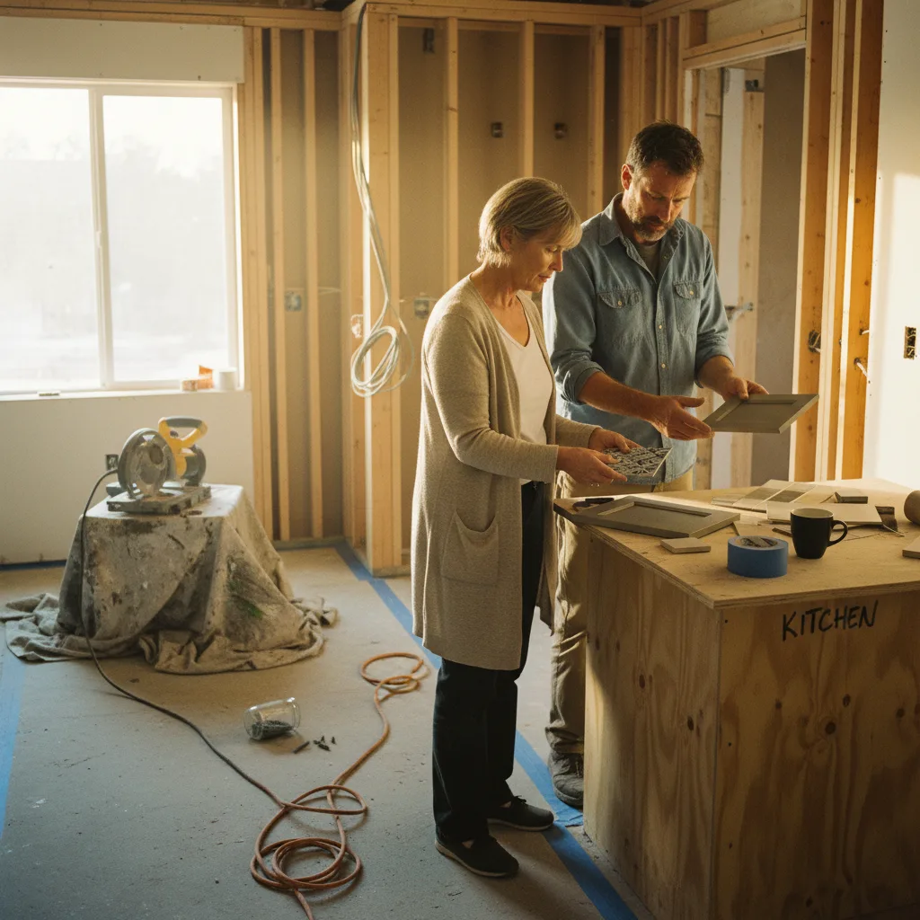 A kitchen designer and homeowner review a full slab of Taj Mahal quartzite in a brightly lit stone yard.