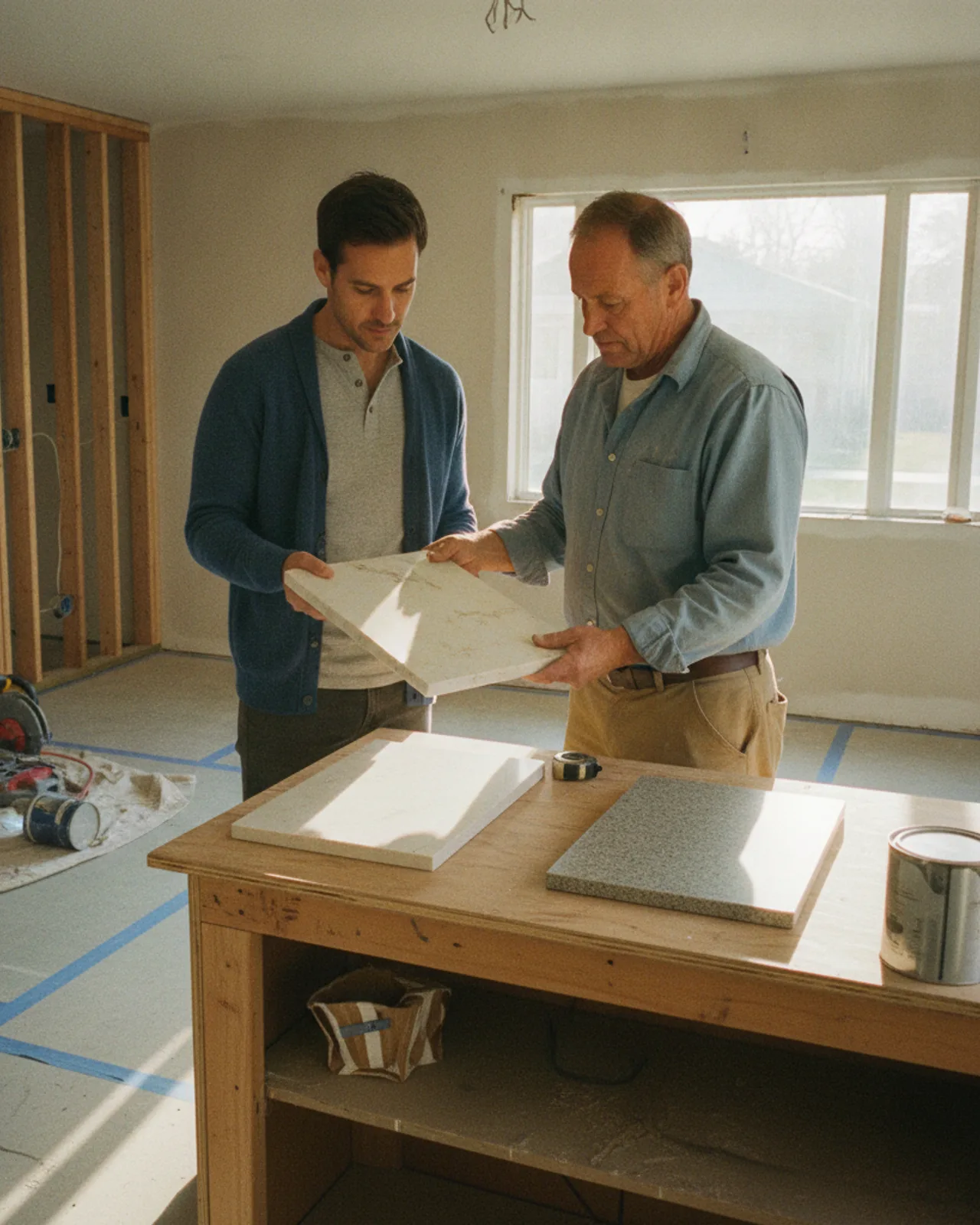 A homeowner and her kitchen designer review a large slab of veined quartzite in a well-lit stone yard.