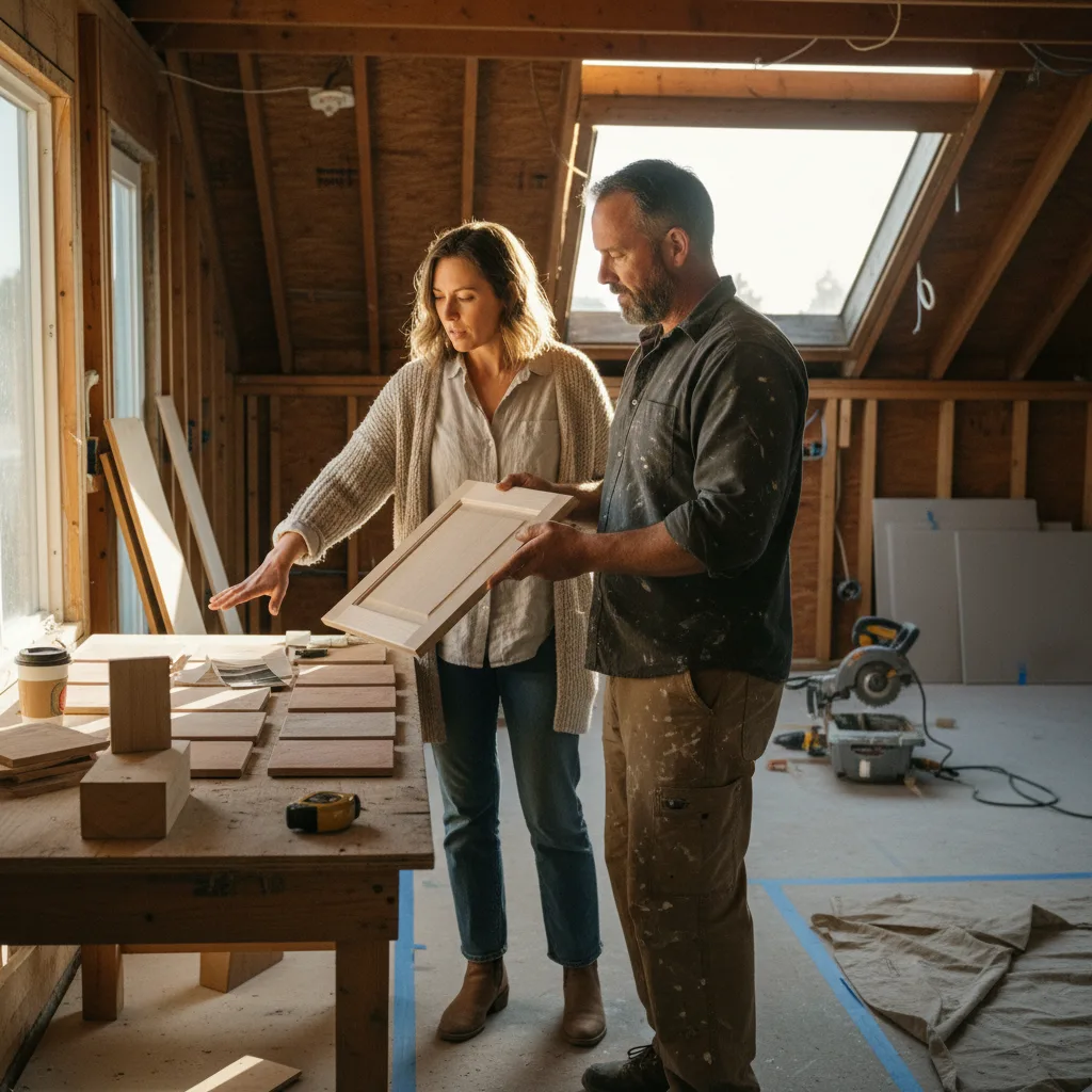 A Denver homeowner and a roofer examining impact-resistant shingle samples on a sunny day with a partially completed roof in the background.