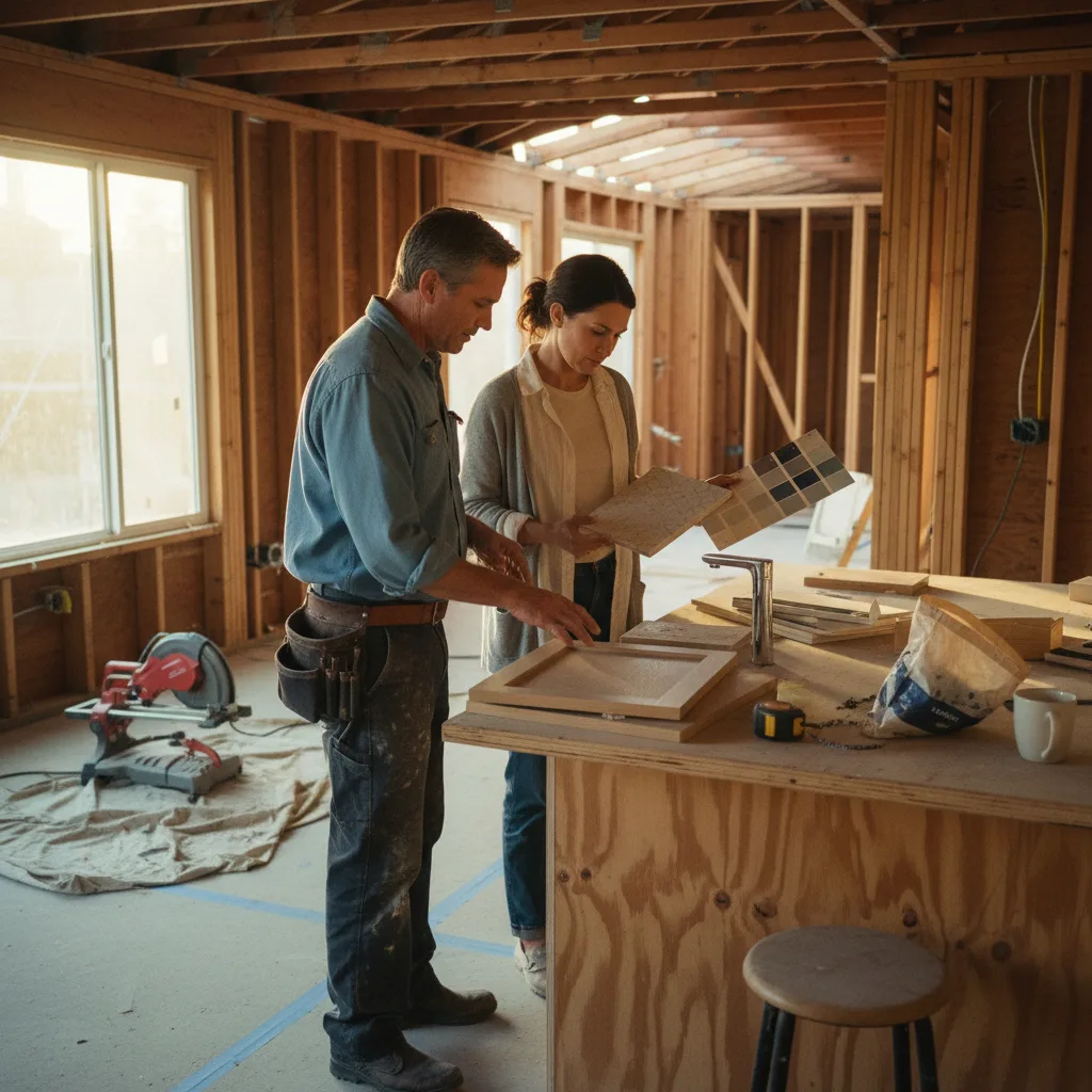 Los Angeles homeowners discussing roofing material samples with their contractor in the driveway.