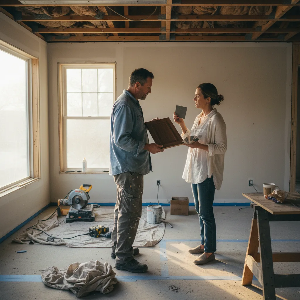 A Nashville homeowner and a roofing contractor review shingle samples on a sunny day.