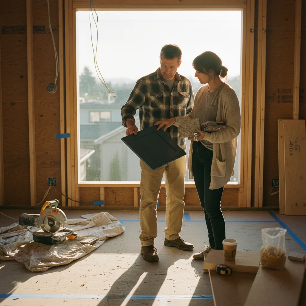 A Portland homeowner and a roofing contractor review shingle samples on a cloudy day.