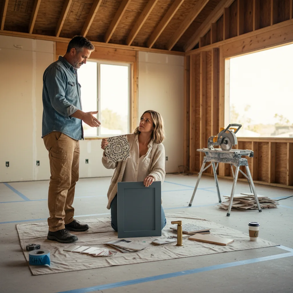 A San Diego homeowner and a roofing contractor review shingle samples on a sunny afternoon.