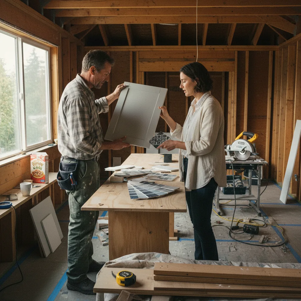 A Seattle homeowner and a roofing contractor review shingle samples on a sunny driveway with a craftsman home in the background.