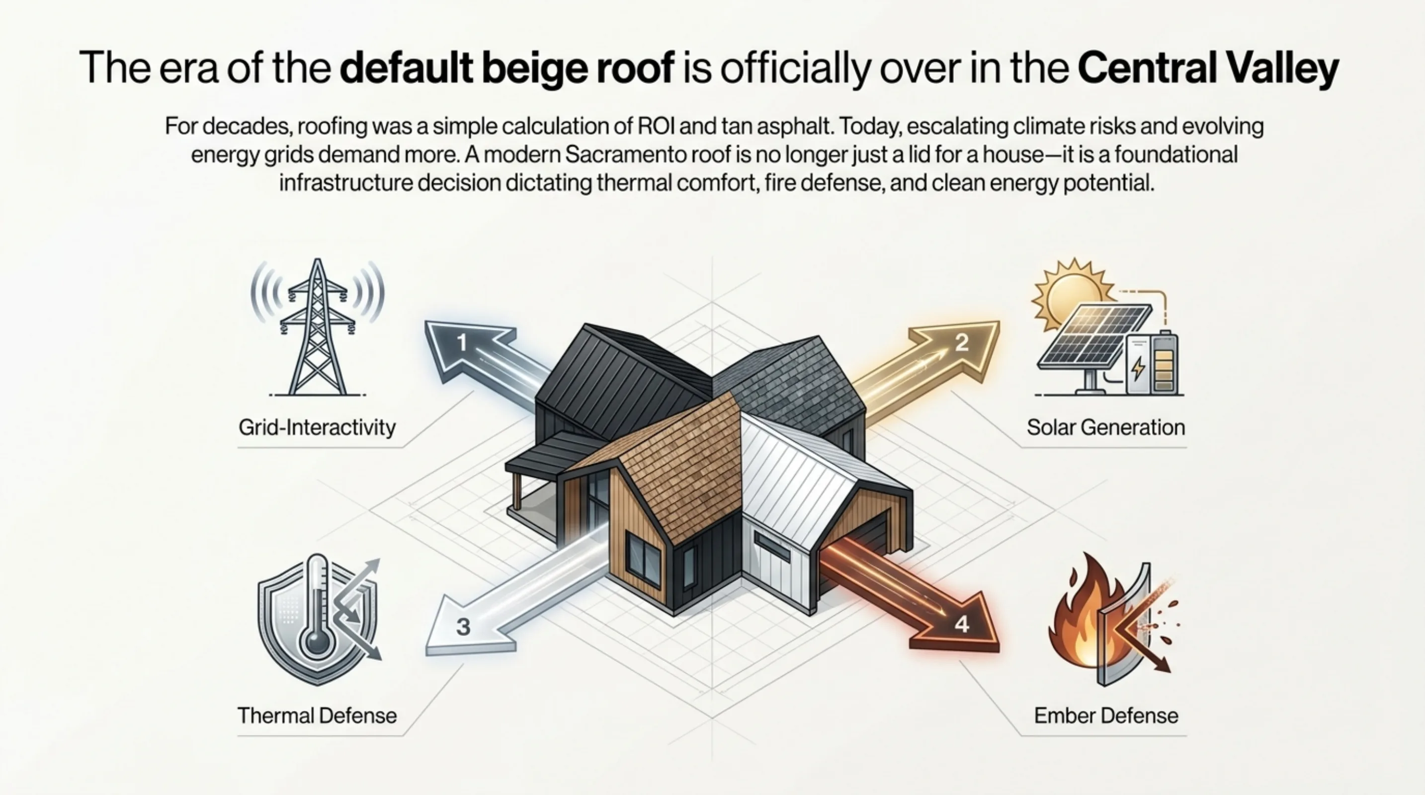 A Sacramento homeowner and her roofing contractor review samples of standing seam metal and cool roof shingles in her sunlit driveway.