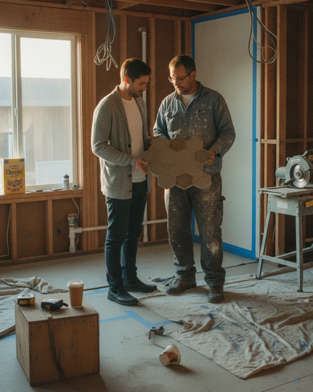 A homeowner and her ADU contractor review samples of rift-cut white oak cabinetry and honed quartzite countertops in the soft afternoon light of a San Francisco backyard.