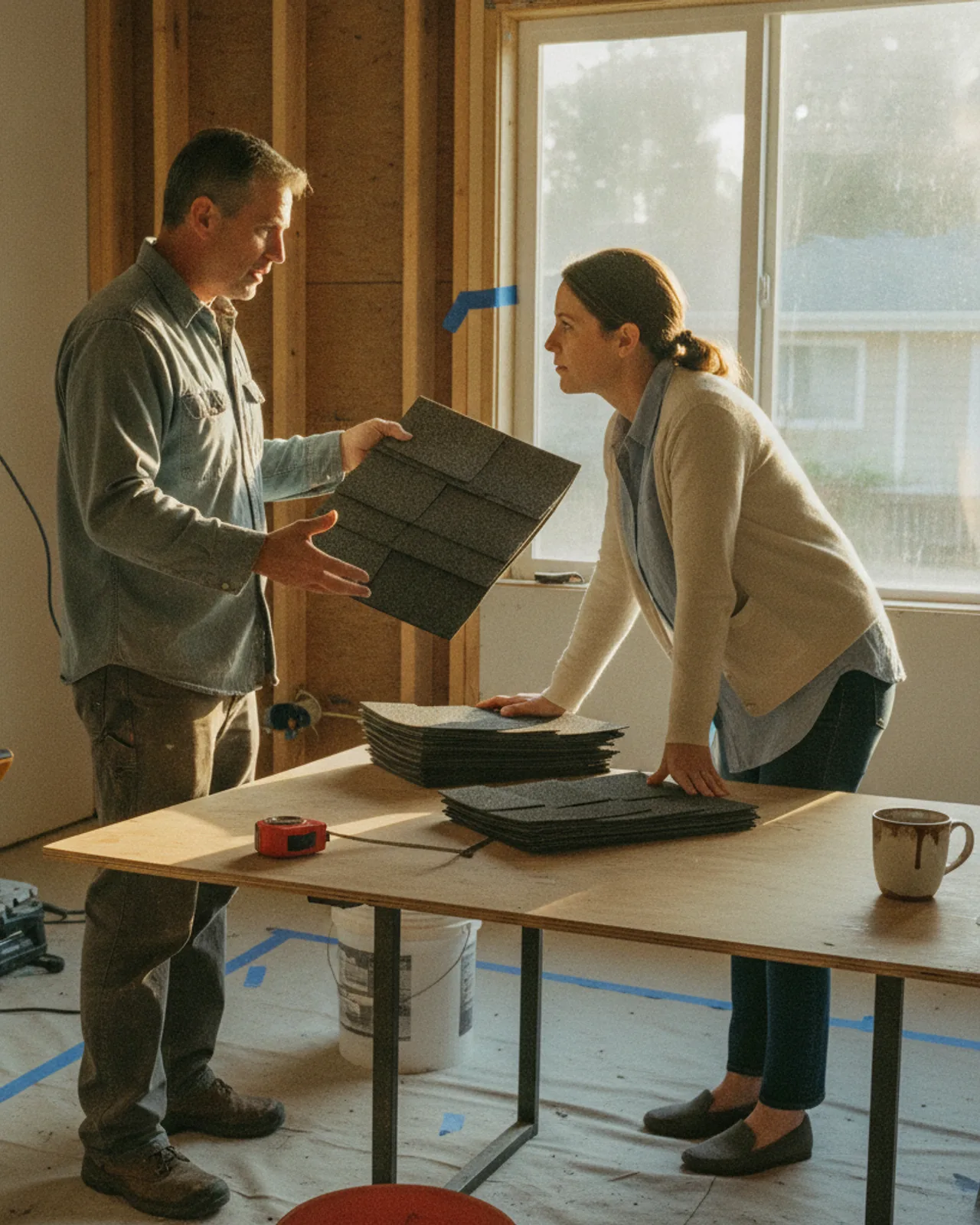 A Seattle homeowner and a roofing contractor review integrated solar shingle samples on a sunny afternoon.