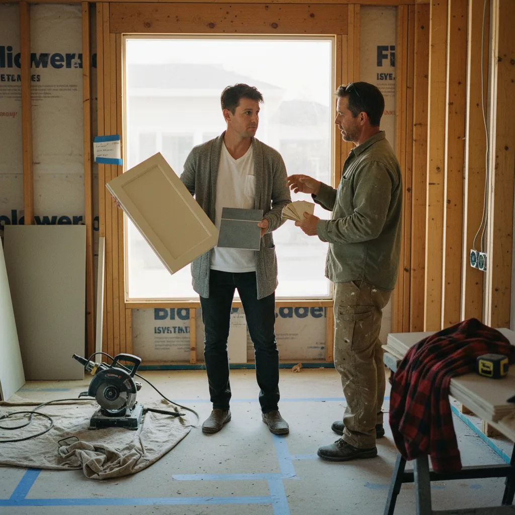 A San Diego homeowner and their siding contractor review fiber cement siding samples against the home's exterior.