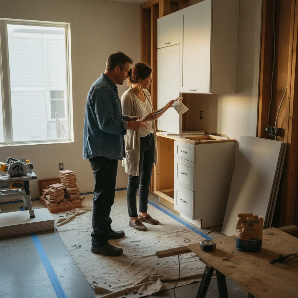 A homeowner and a siding contractor in San Francisco discuss siding material samples outside a home.