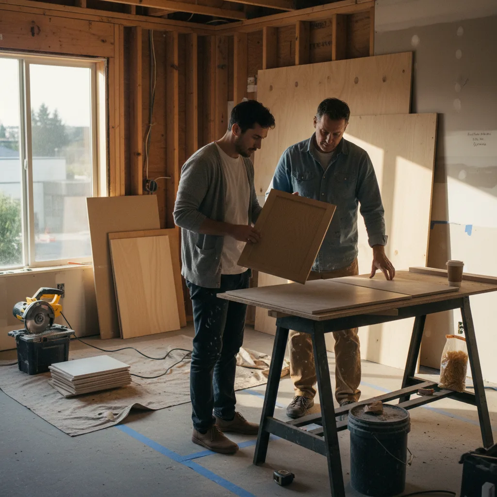 A Seattle homeowner and siding contractor review fiber cement siding samples against the home's exterior.