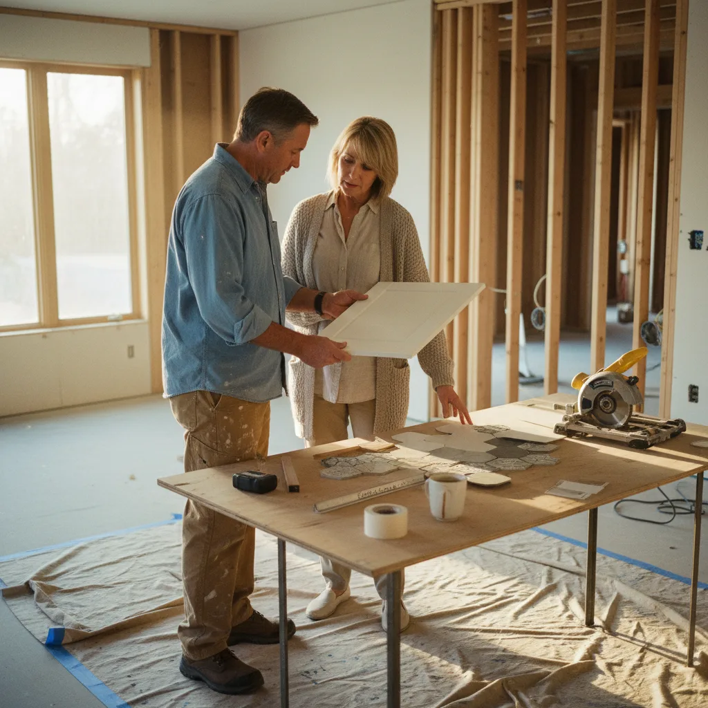 A homeowner and her contractor reviewing tile samples in a kitchen under renovation.