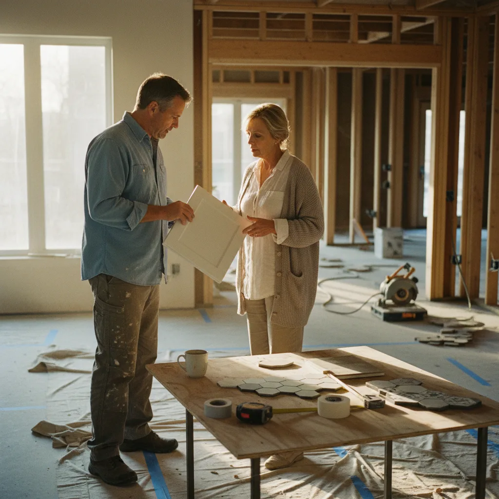 A homeowner and contractor review window material samples together inside a home under renovation.