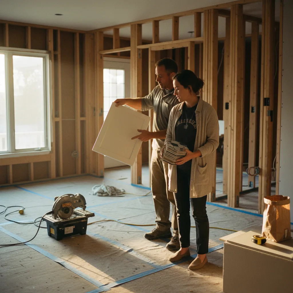 A homeowner and their interior designer reviewing unlacquered brass hardware samples against a slab of honed Calacatta Viola marble.