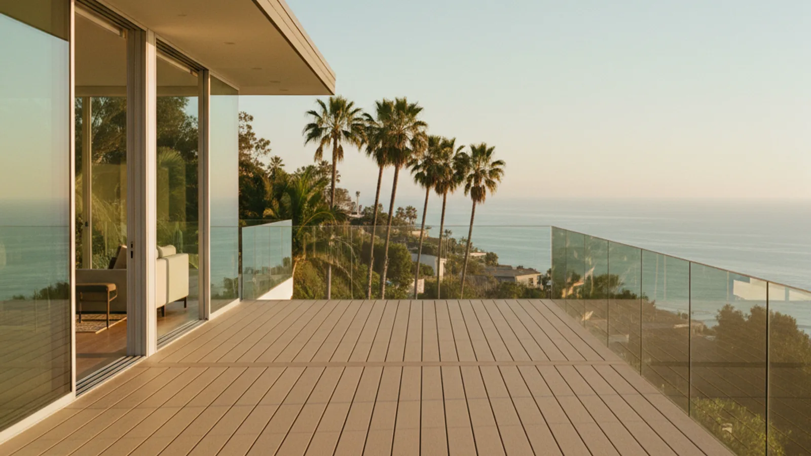 Modern Southern California hillside home with an advanced PVC composite deck in late afternoon golden light