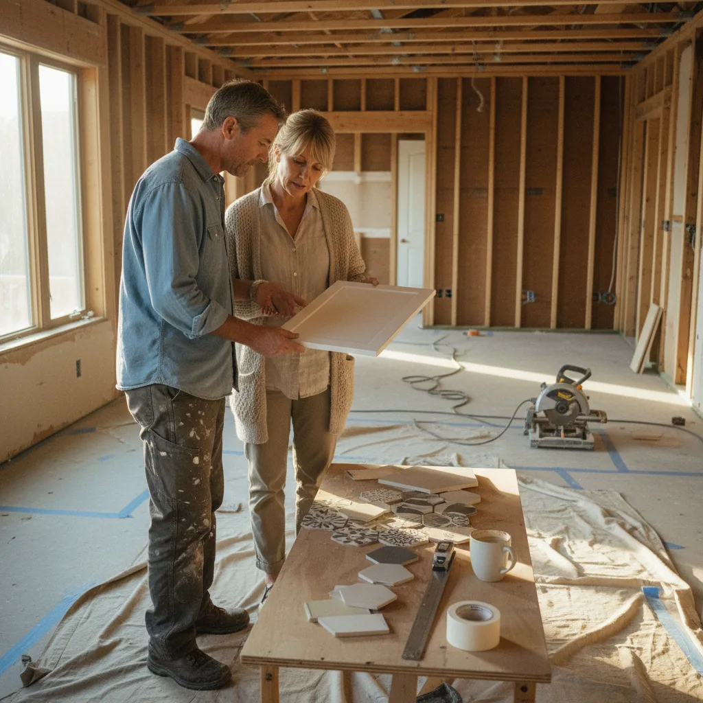 A homeowner and a siding contractor examining fiber cement siding samples on a driveway.
