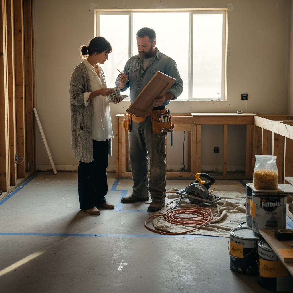 A homeowner and contractor review architectural plans and material samples on a kitchen island.