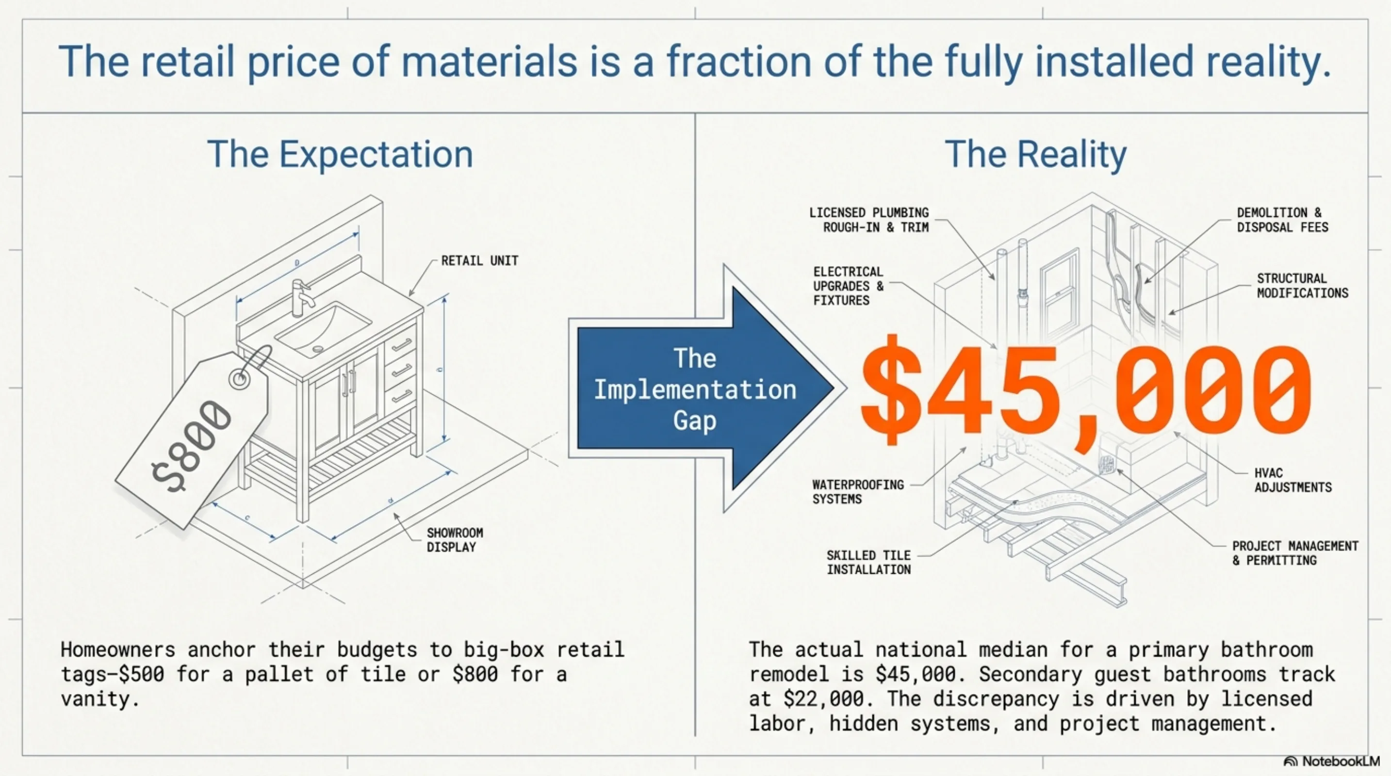 A homeowner and their contractor review tile samples for a bathroom remodel in a well-lit room.