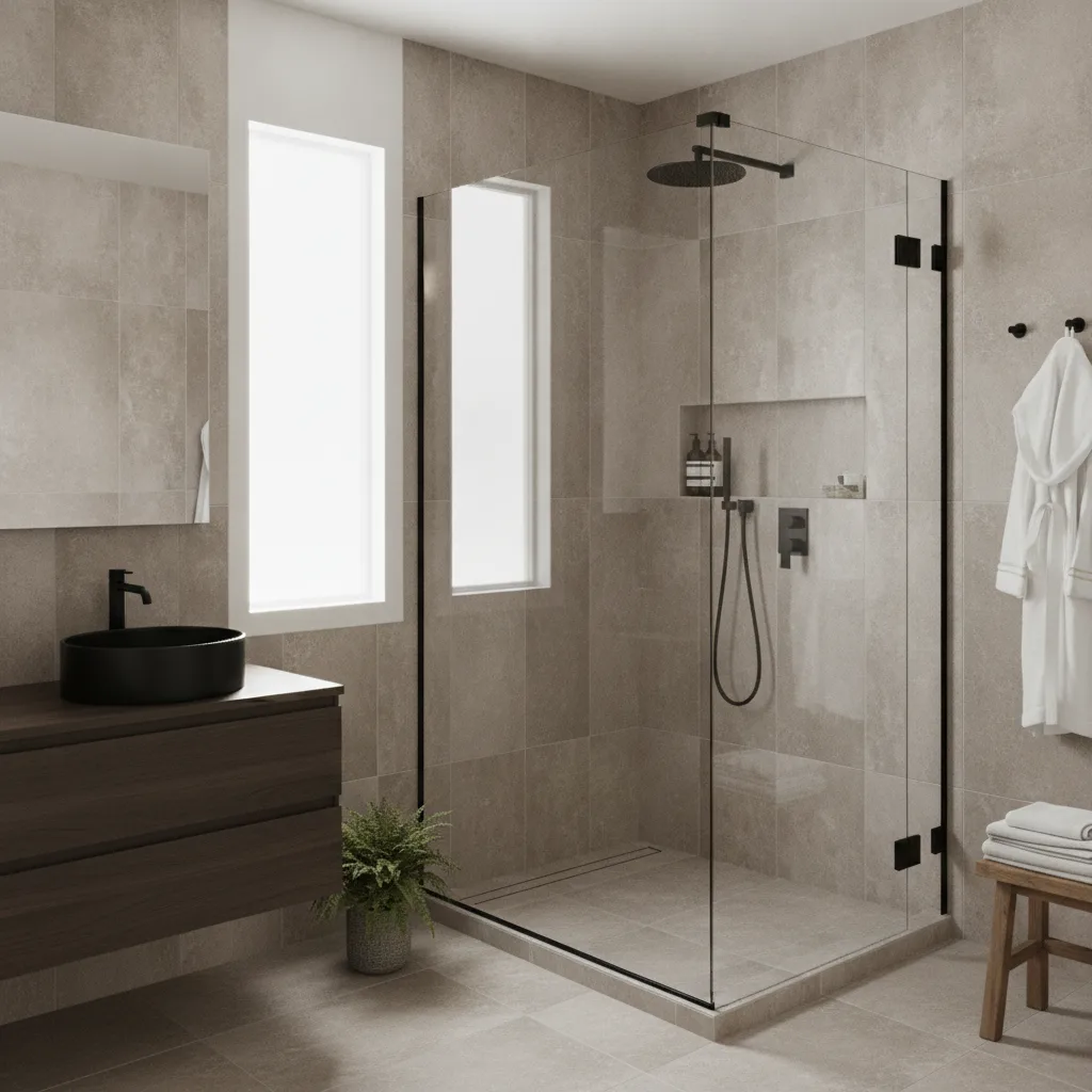 A bright modern bathroom where a bathtub was replaced with a spacious walk-in shower with a frameless glass door and warm gray tile