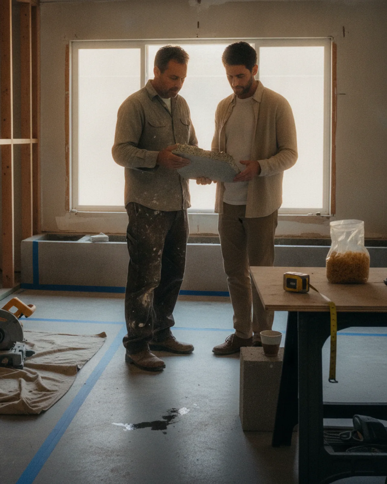 A Los Angeles homeowner and a driveway contractor review paver samples and site plans for a new driveway installation.